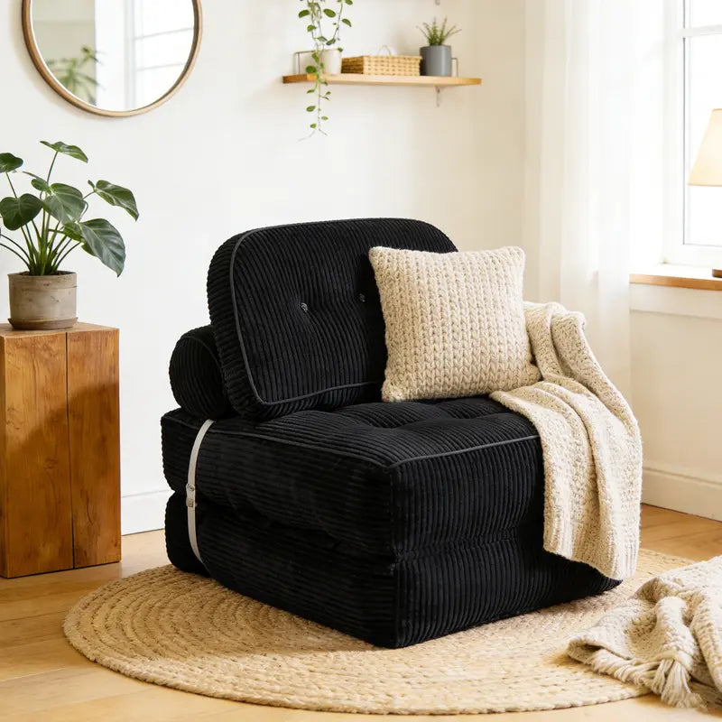 Black armchair with beige pillow and blanket in a cozy living room setting