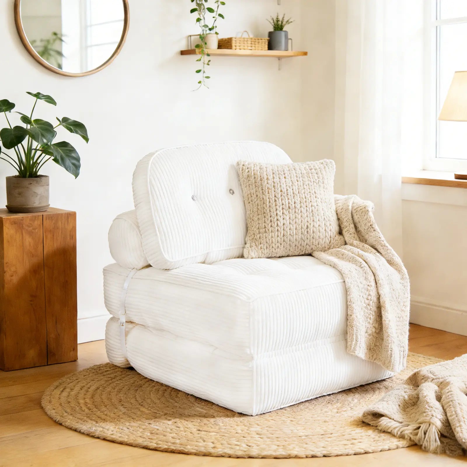 White armchair with beige blanket and pillow in a cozy living room.