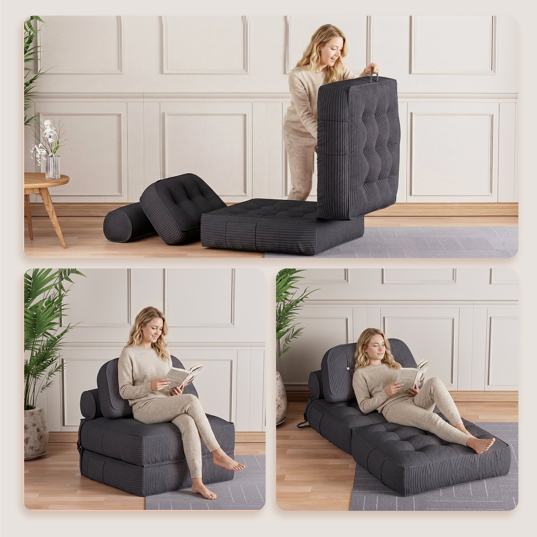 Wunder Puffer 2-in-1 Flannel Folding Sofa Bed – Midnight – NESLAKO