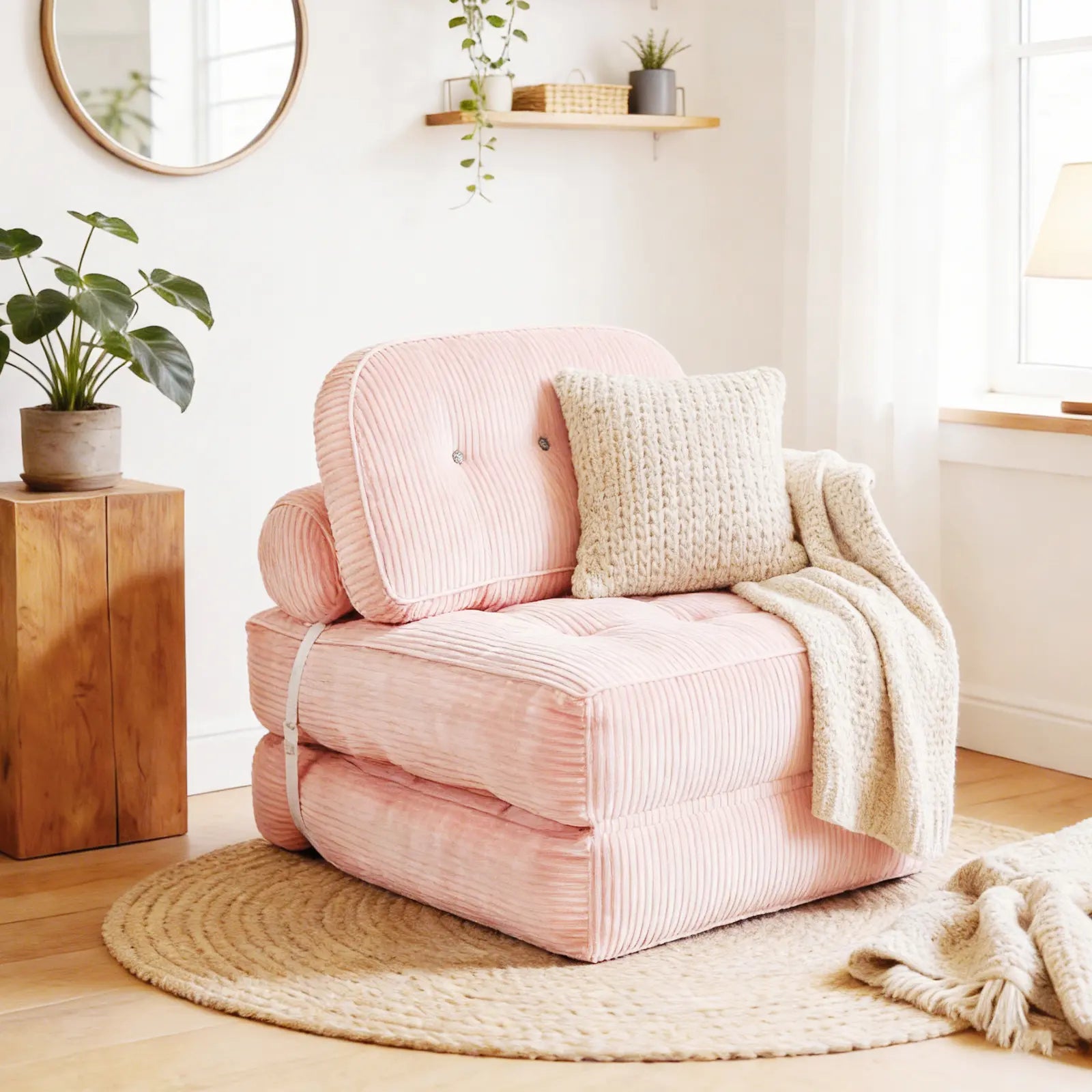 Pink armchair in a cozy living room with plants and a wooden side table.